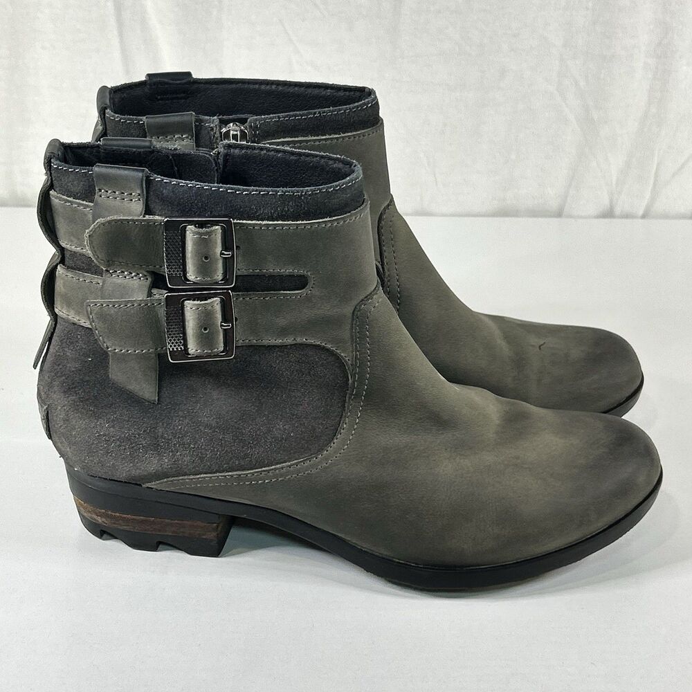 Sorel Lolla Ankle Boots Womens 9 Gray Leather Buckle Strap Side Zip Bootie